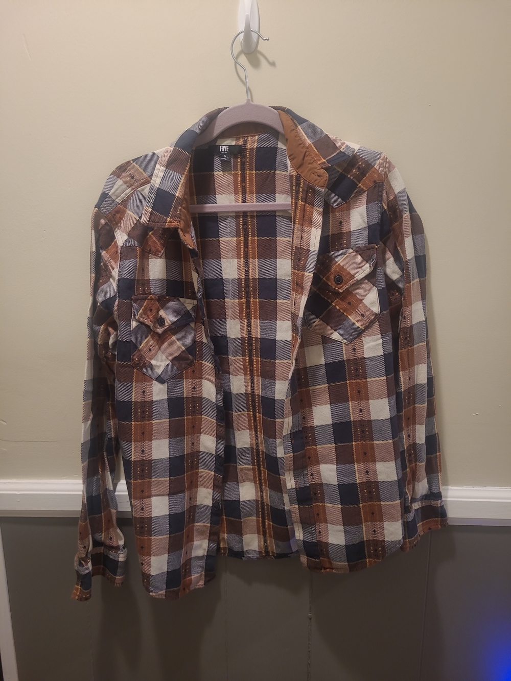 Frye Mens Jacquard Flannel Western Plaid Shirt Double Pocket Small